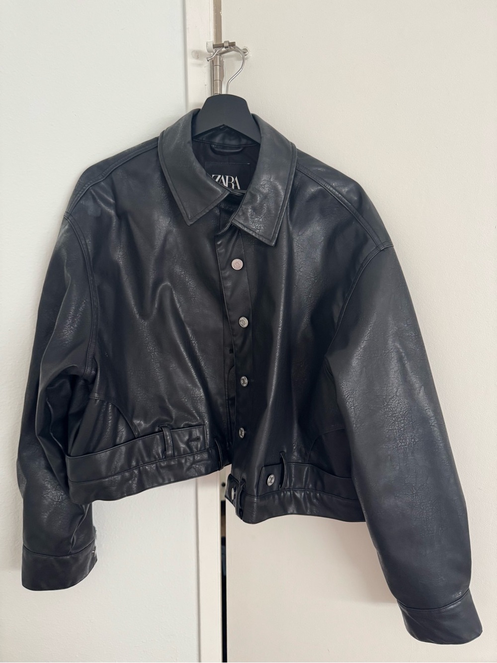 Zara Black Faux Leather Cropped Button Jacket